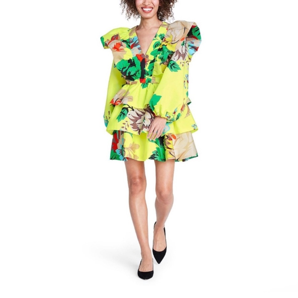 Vibrant Yellow Floral Ruffle Tiered Mini Dress